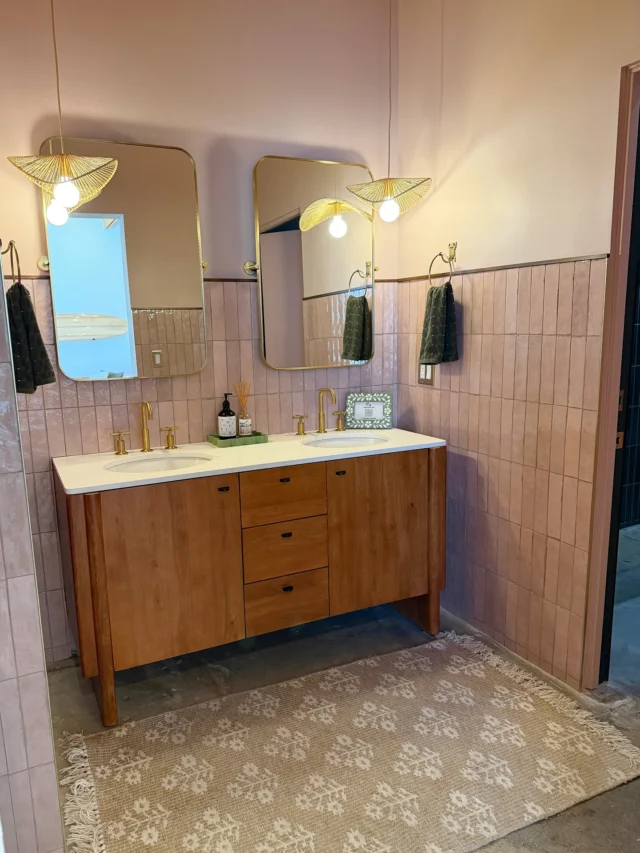 The bathroom refresh has our pink & moody green dreams come true!